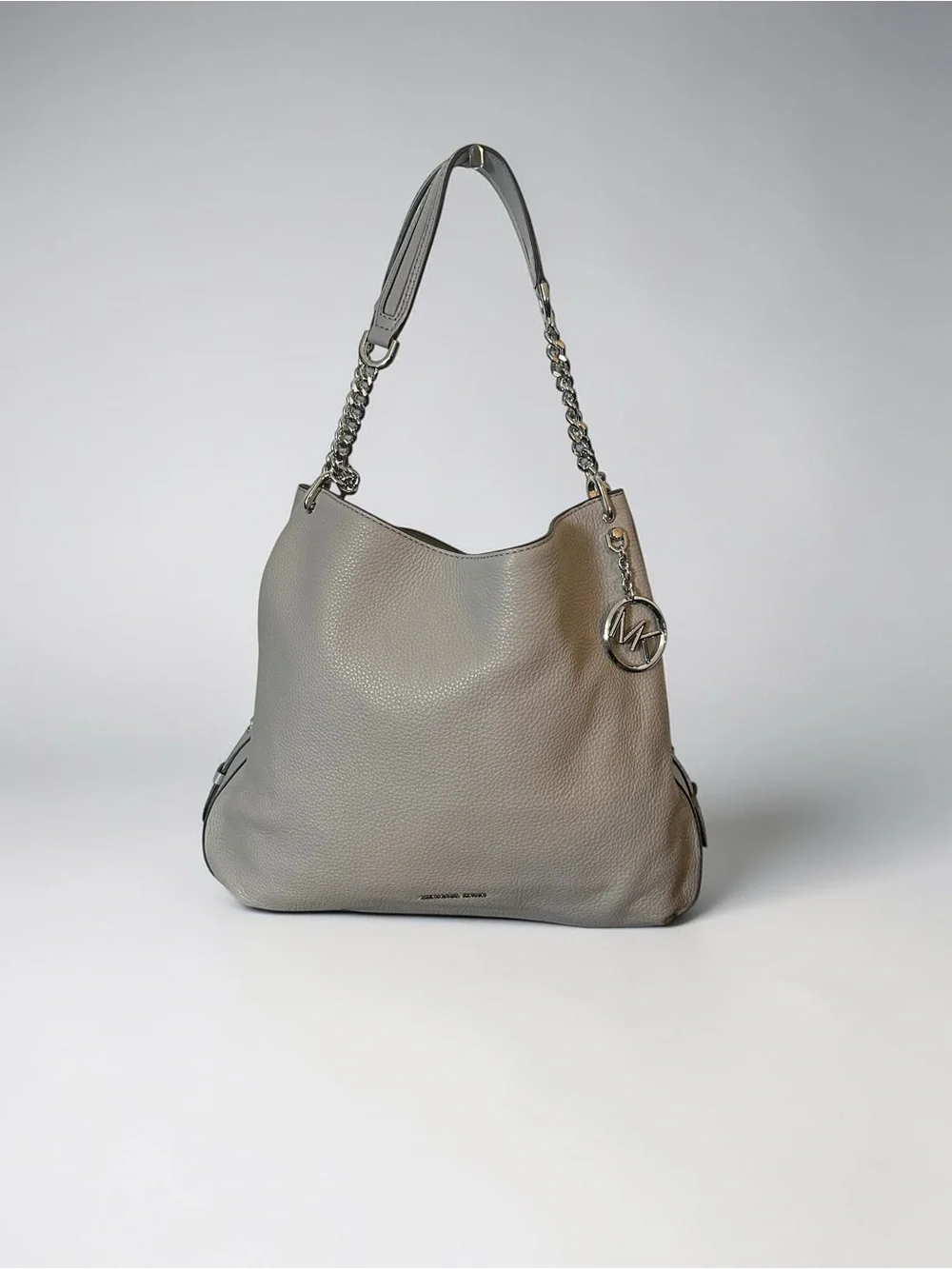 Michael Kors Lillie Large Pebbled Leather Chain Shoulder Bag Tote Pearl Grey